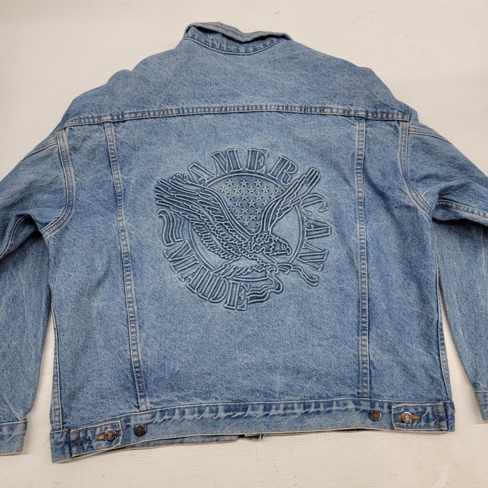 Vintage Tyca Blue Denim Jacket Men's XL Embossed Graphic American Made Eagle USA